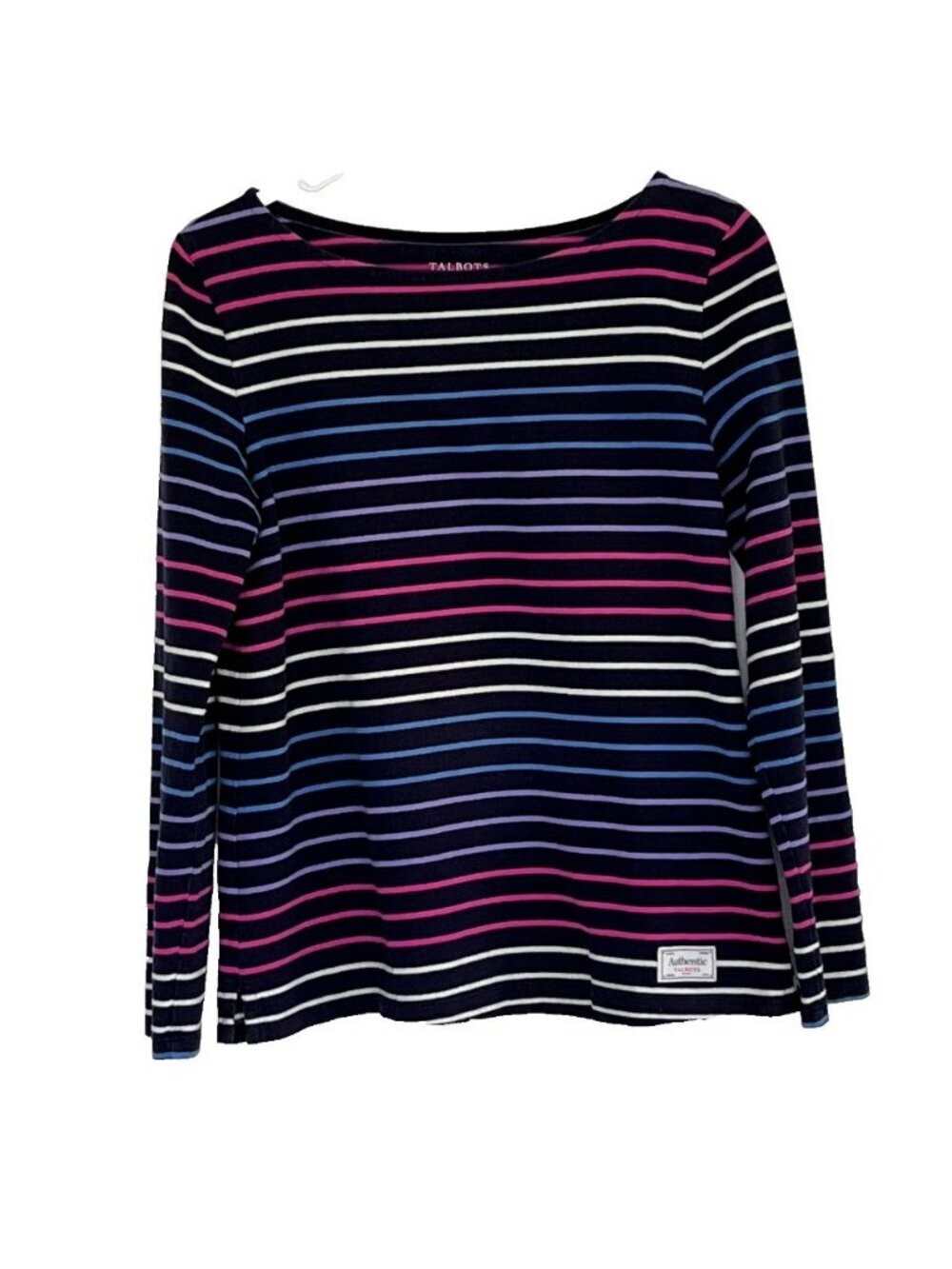 Talbots 100% Cotton Tee sz S Striped Long Sleeve Boat Neck Black Multi Nautical